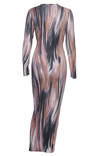 Get Going Brown Black Abstract Brush Stroke Stretchy Pattern Long Sleeve Plunge Rounded V Neck Tie Belt Bodycon Midi Dress