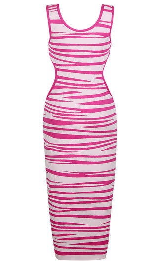 Stripe Right Pink Geometric Striped Pattern Sleeveless Scoop Neck Cut Out Sides Bodycon Bandage Midi Dress