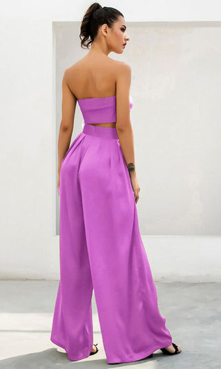 Indie XO In The Lead Pink Silky Strapless Tie Front High Waist Palazzo Jumpsuit Pants