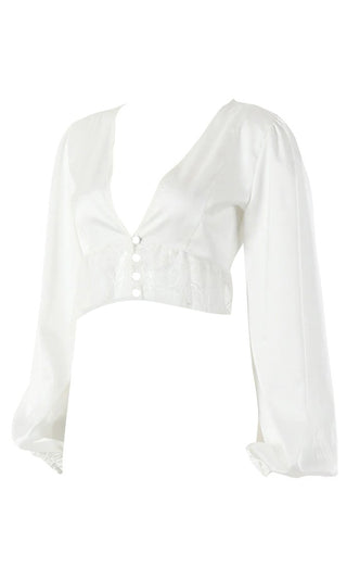 Come Fly With Me White Long Lantern Sleeve Lace Trim V Neck Button Crop Top Blouse - 2 Colors Available