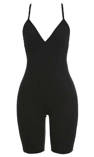Sweat It Out Ribbed Sleeveless Spaghetti Strap Backless V Neck Bodycon Biker Short Romper Playsuit