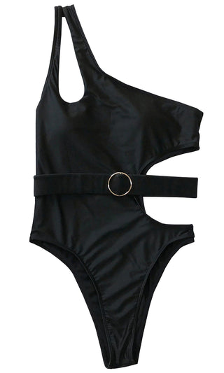 One Night In Paradise <br><span> Black Cut Out O Ring Cut Out Strap Shoulder Brazilian Monokini One Piece Swimsuit </span>