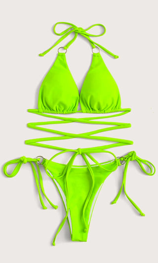 Atlantic City Attitude <br><span>Neon Green Crisscross Spaghetti Strap Triangle Top O Ring Thong Bikini Two Piece Swimsuit <span>