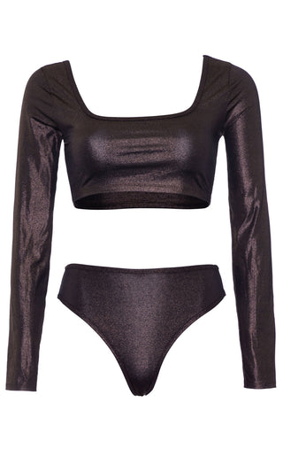 Adventures In The Dark Metallic Shimmer Long Sleeve Square Neck Crop Top High Waist Panty Two Piece Set