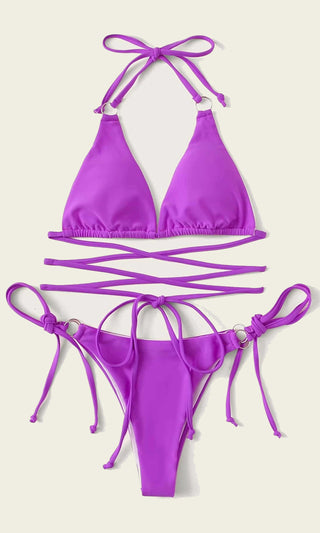 Atlantic City Attitude <br><span>Neon Purple Crisscross Spaghetti Strap Triangle Top O Ring Thong Bikini Two Piece Swimsuit <span>