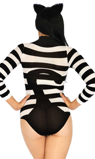 Cat Calls <br><span>Black White Stripe Pattern Kitty Face Tail Mock Neck Long Sleeve Bodysuit Top</span>