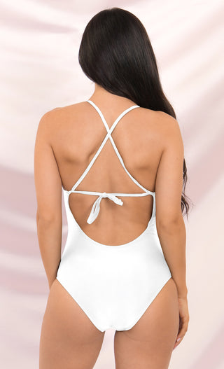 Under The Sun <br><span> White Crochet Spaghetti Strap Plunge V Neck Cut Out High Leg One Piece Swimsuit </span>
