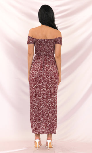 In My Glory Burgundy Wine White Ditsy Floral Smocked Short Sleeve Off The Shoulder Thigh Slit Pleated Casual Maxi Dress