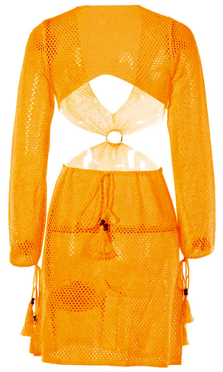 Island Style Long Sleeve Tassel Plunge V Neck Crochet Open Back Cut Out Sides Casual Mini Dress