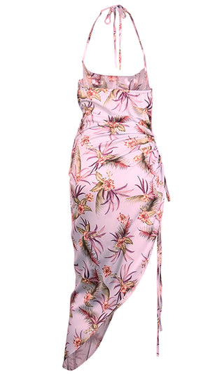 Blooming Lover Green Leaf Floral Pattern Sleeveless Spaghetti Strap Halter Ruched Side Asymmetric Maxi Dress