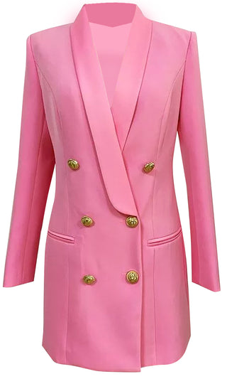 Touch Of Sass <br><span>Pink Satin Lapel Double Breasted Button Long Sleeve Welt Pocket Blazer Mini Dress</span>