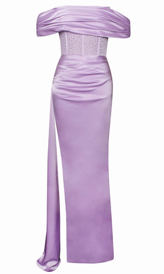 Bella Vita <br><span>Lavender Sheer Mesh Lace Satin Short Sleeve Off The Shoulder Draped High Slit Maxi Dress</span>