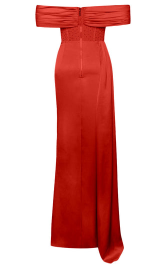 Bella Vita <br><span>Red Sheer Mesh Lace Satin Short Sleeve Off The Shoulder Draped High Slit Maxi Dress</span>