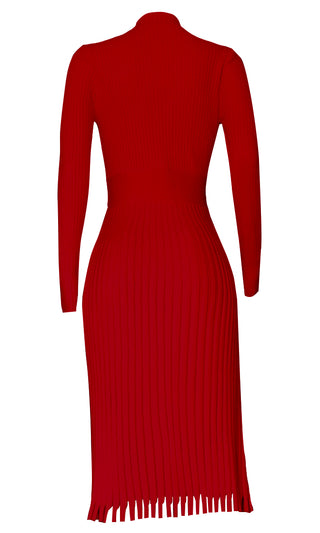 All You Want Red Pleated Crew Ribbed Round Neck Modest Long Sleeve Stretch Knit Body Con Sweater Midi Dress