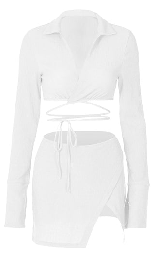 Hot Spot <br><span>White Long Sleeve Cross Wrap V Neck Crop Top Split Wrap Bodycon Two Piece Casual Mini Dress</span>