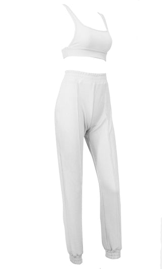 Hardly Working White Ribbed Sleeveless Scoop Neck Crop Top Elastic Waist Jogger Pant Two Piece Lounge Jumpsuit Set
