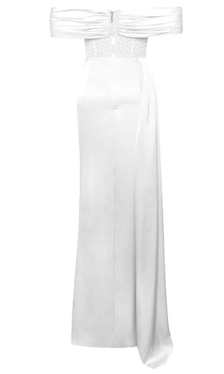 Bella Vita <br><span>White Sheer Mesh Lace Satin Short Sleeve Off The Shoulder Draped High Slit Maxi Dress</span>