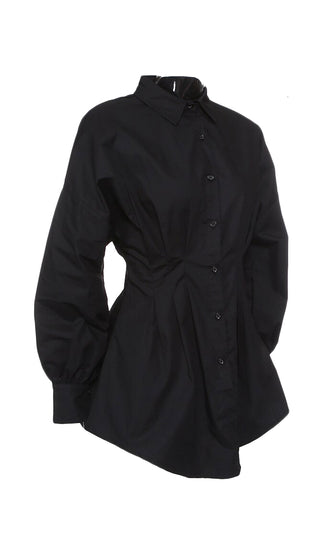 Board Meeting Black Long Puff Sleeve Button Front Cinched Waist Mini Shirt Dress