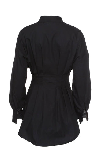 Board Meeting Black Long Puff Sleeve Button Front Cinched Waist Mini Shirt Dress