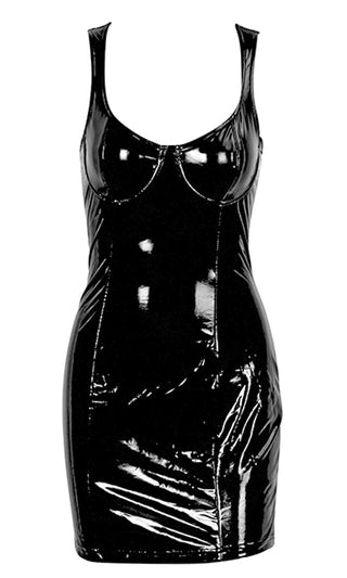 Candy Coated Black PU Faux Leather Vinyl Sleeveless V Neck Stretch Vinyl Bodycon Mini Dress