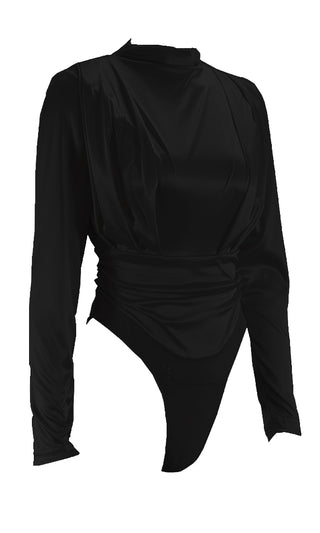 Glam Queen Black Long Sleeve Shirred Draped Mock Neck Keyhole Back Bodysuit Top