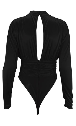Glam Queen Black Long Sleeve Shirred Draped Mock Neck Keyhole Back Bodysuit Top