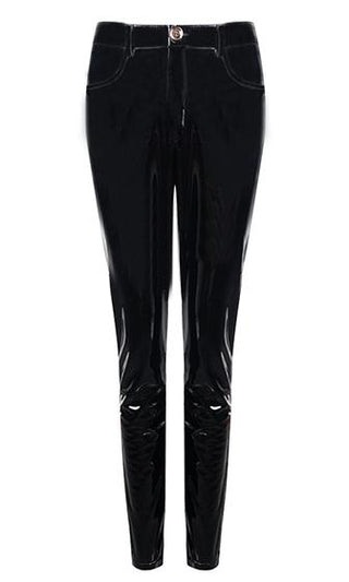 Too Slick <br><span>Burgundy PU Patent Mid Rise Shiny Zip Front Faux Leather Skinny Button Pant Streetwear</span>