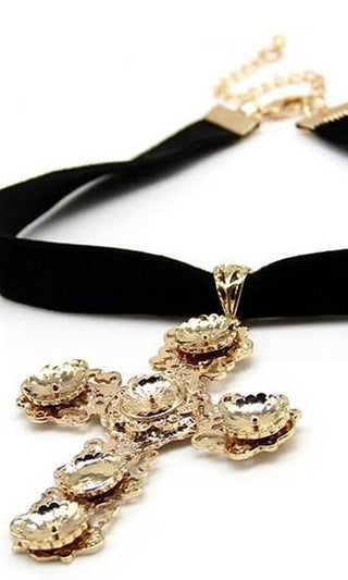 Keeping The Faith Black Gold Velvet Choker Cross Pendant Necklace