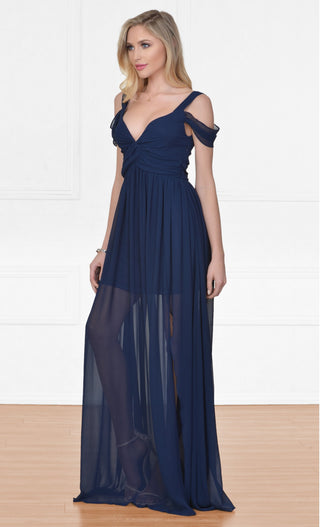 Indie XO Once Upon a Time Navy Blue Sleeveless Off The Shoulder V Neck Long Side Slit Maxi Dress Evening Gown