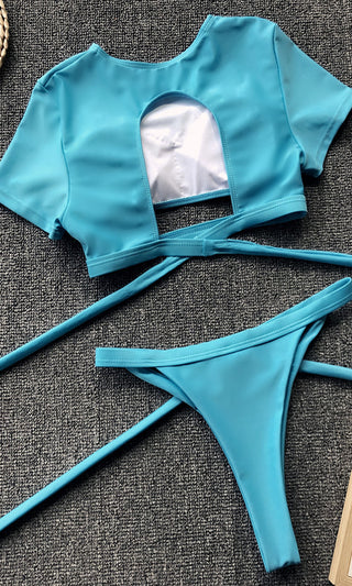 It's My Time <br><span>Blue Two Piece Bandage Short Sleeve Crop Top Cut Out Tie Thong Bikini Swimsuit <span>