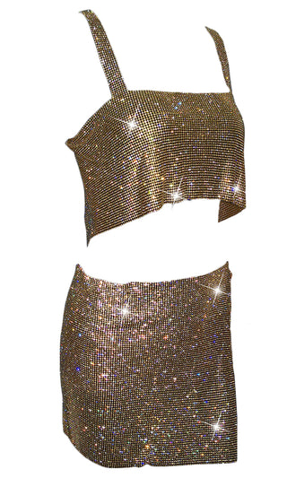 Check Your Temperature Gold Rhinestone Diamanté Metal Mesh Crystal Sleeveless Backless Crop Top Side Tie Mini Two Piece Dress