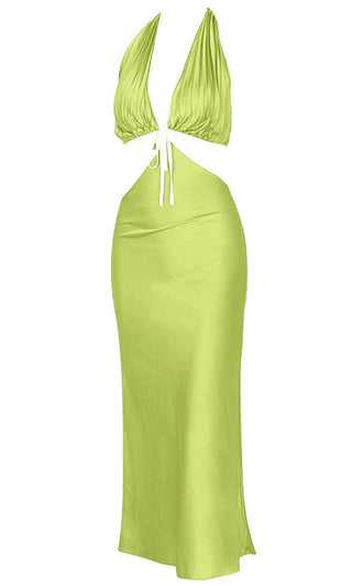Summer Stunner <br><span>Green Satin Sleeveless Spaghetti Strap Ruched Halter Plunge V Neck Cut Out Sides Backless Maxi Dress</span>