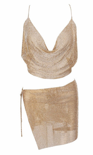 Indie XO Here to Party Gold Crystal Metallic Rhinestone Diamanté Mesh Sleeveless Chain Cowl Neck Backless Crop Top Slit Mini Two Piece Dress