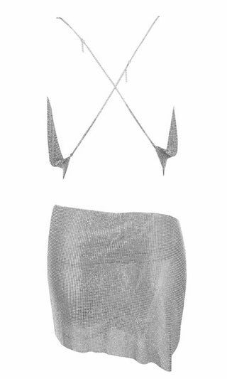 Indie XO Here to Party Silver Crystal Metallic Rhinestone Diamanté Mesh Sleeveless Chain Cowl Neck Backless Crop Top Slit Mini Two Piece Dress