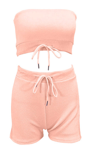 Candy Crush Pink Strapless Drawstring Crop Tube Top Shorts Romper Two Piece Set
