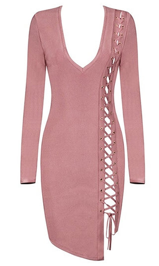 Into You Pink Long Sleeve V Neck Cut Out Lace Up Bodycon Bandage Mini Dress