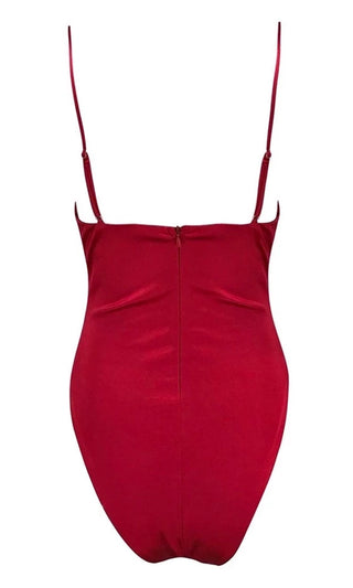 Impulse Affair Red Sleeveless Satin Chain Spaghetti Strap V Neck Cut Out Waist Thong Bodysuit Top
