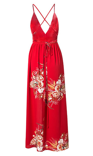 Tropical Mood Red Floral Sleeveless Spaghetti Strap V Neck X Back Slit Casual Maxi Dress