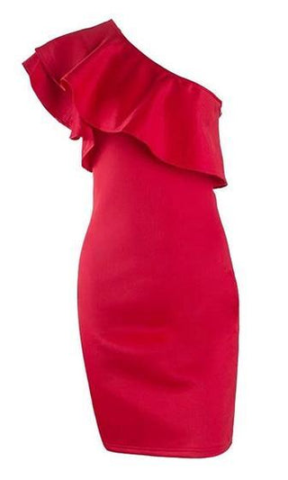 Let's Go Crazy Red One Shoulder Ruffle Bodycon Mini Dress