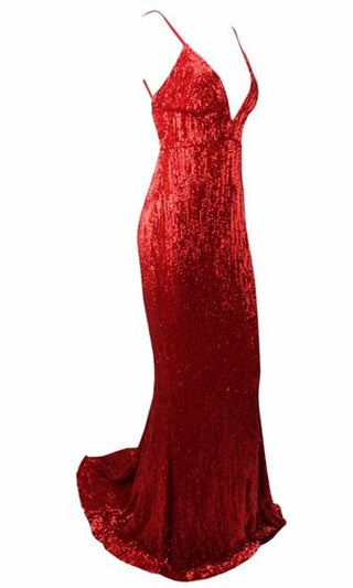 Fire and Ice Red Sequin Sleeveless Spaghetti Strap Plunge V Neck Backless Mermaid Maxi Dress