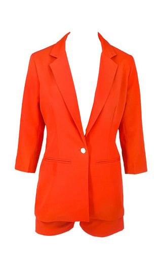 She's A '80s Lady <br><span> Red Orange 3/4 Sleeve Button Blazer High Waist Short Two Piece Set Romper</span>