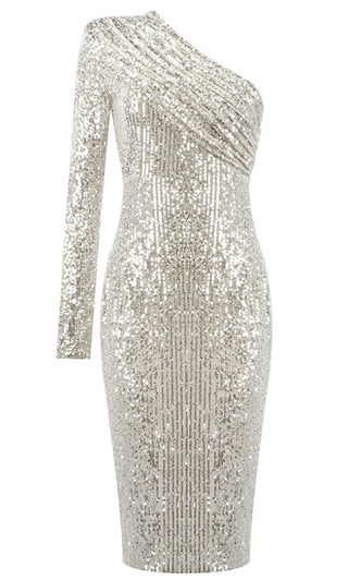 Meet The Moment Gold One Shoulder Pad Sequin Long Sleeve Ruched Neck Asymmetric Midi Bodycon Dress