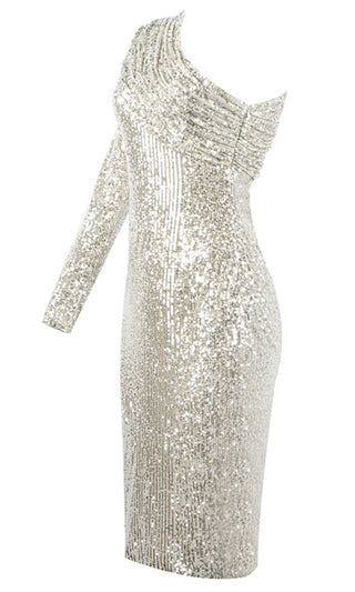Meet The Moment Silver Sequin One Shoulder Pad Long Sleeve Ruched Midi Bodycon Dress