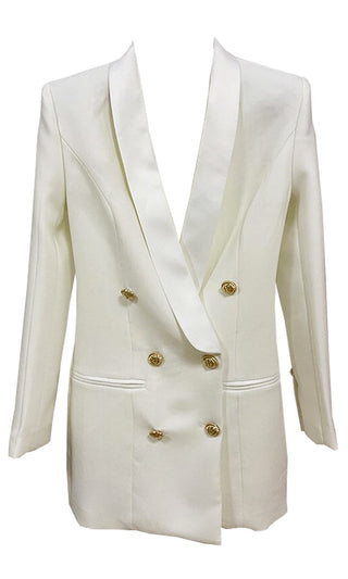 Touch Of Sass <br><span>Yellow Satin Lapel Double Breasted Button Long Sleeve Welt Pocket Blazer Mini Dress</span>