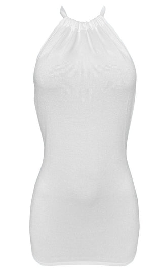 Cabo Resort White Sleeveless Halter Slub Pattern Mini Open Back Bodycon Dress
