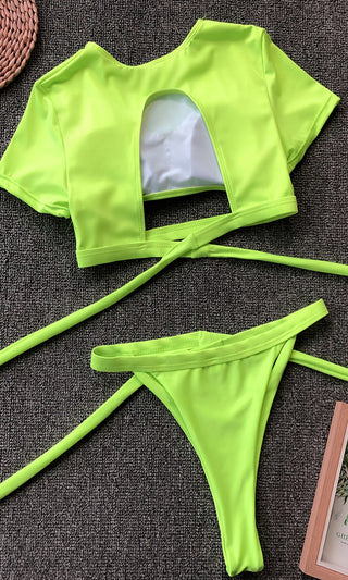 It's My Time <br><span>Neon Green Two Piece Bandage Short Sleeve Crop Top Cut Out Tie Thong Bikini Swimsuit <span>