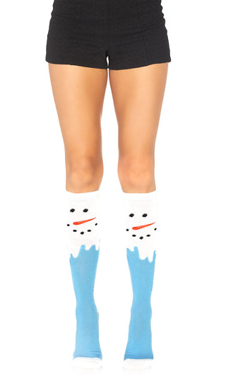 Snowy Days <br><span>Blue White Snow Drip Snowman Knee High Socks Hosiery</span>