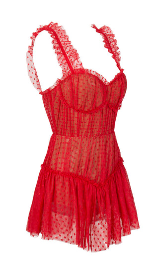 Friendly Rivalry Red Sheer Lace Dot Pattern Sleeveless Ruffle Sweetheart Neck Lingerie Romper Playsuit