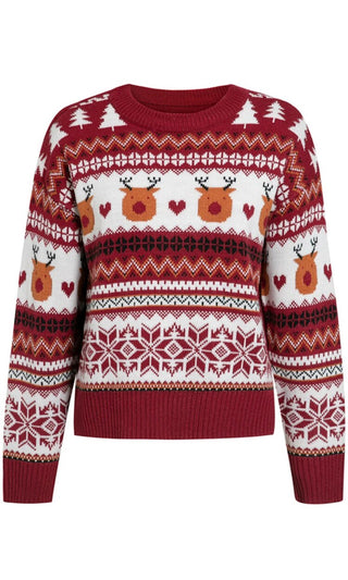 Deck The Halls Red Heart Reindeer XMAS Merry Christmas Pattern Long Sleeve Crew Neck Pullover Ugly Sweater