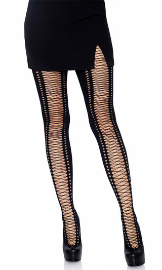 Sheer Intentions<br><span> Black Faux Lace Up Sheer Mesh Crochet Tights Pantyhose</span>